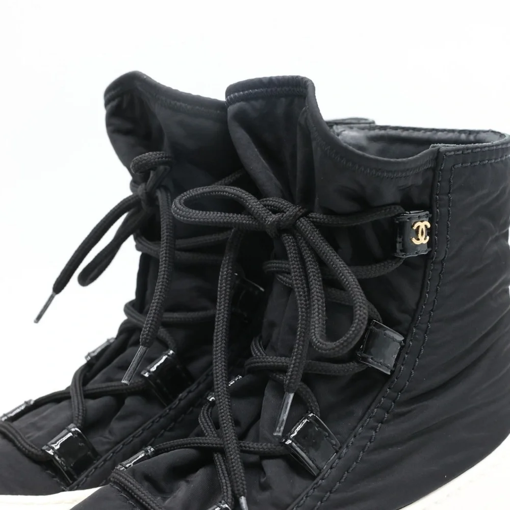 CHANEL Black Nylon Ankle Boots with White Rubber Sole size 38